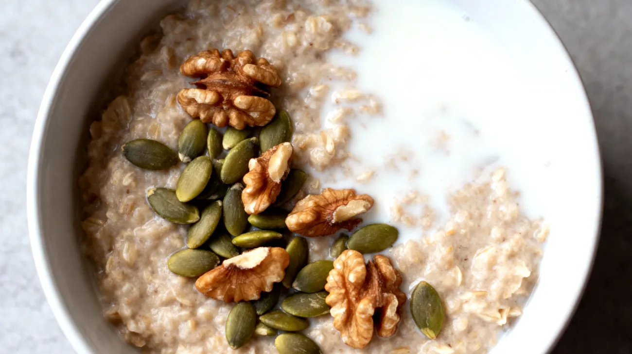 Porridge di avena con semi di zucca, noci e latte di mandorle tiepido"