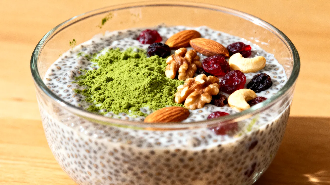 Pudding di semi di chia con spirulina e frutta secca"
