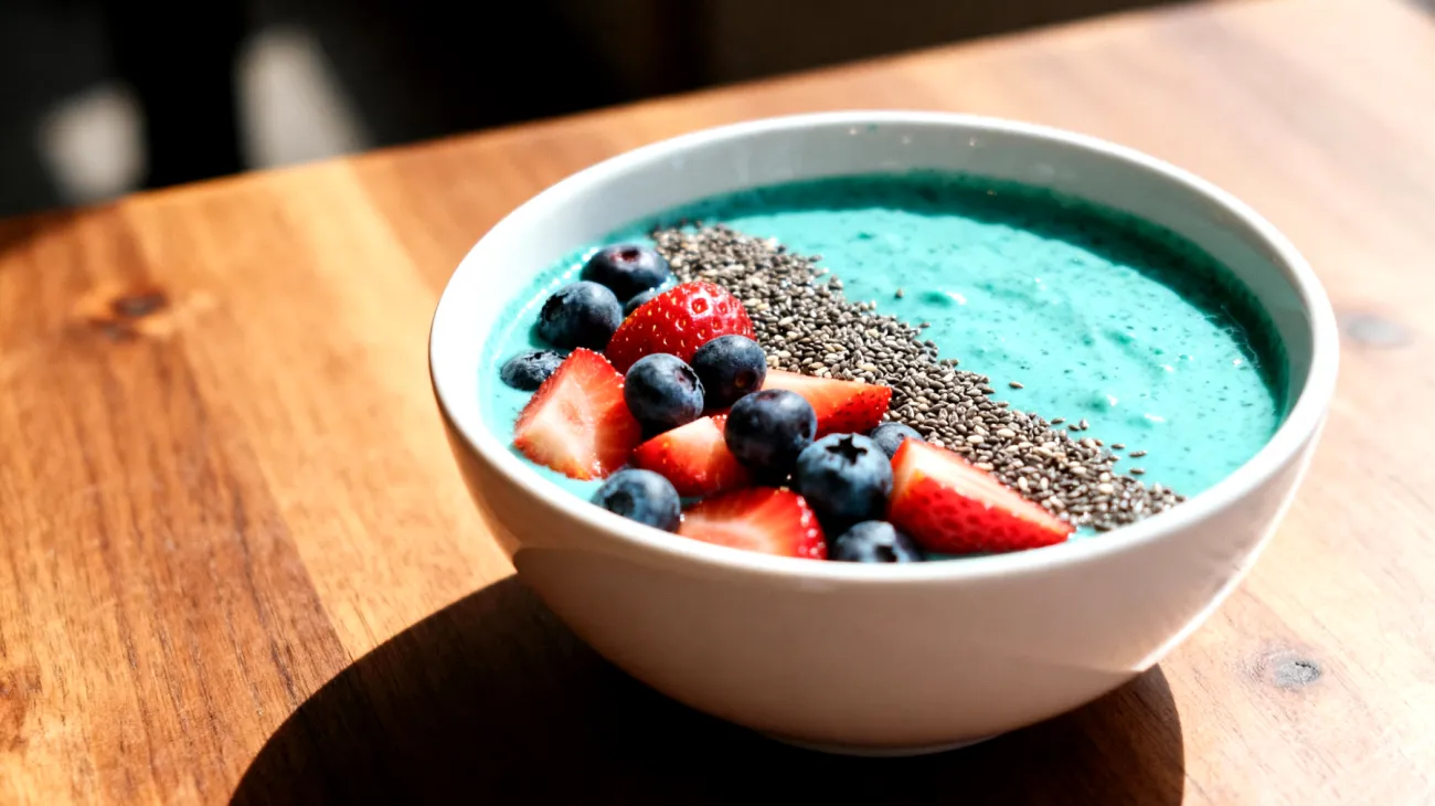 Smoothie bowl con spirulina, semi di chia e frutti di bosco"