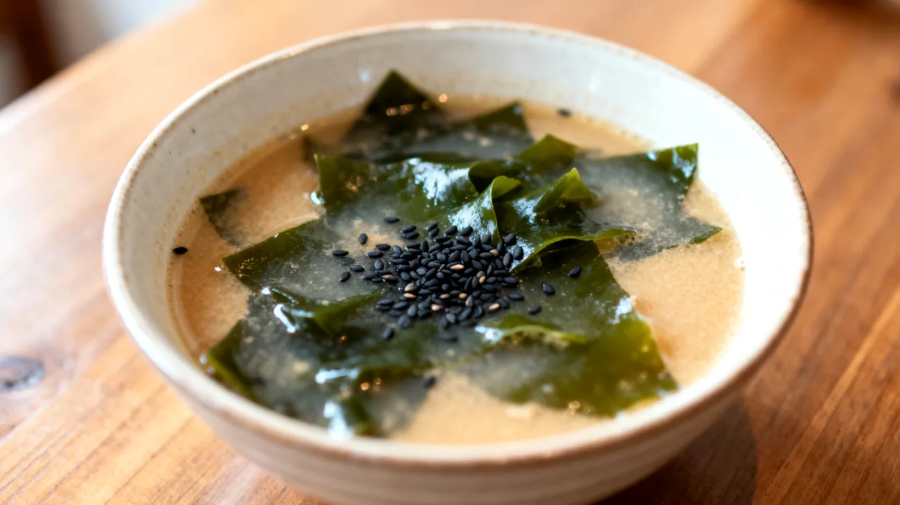 Zuppa di miso con alghe wakame e semi di sesamo nero"